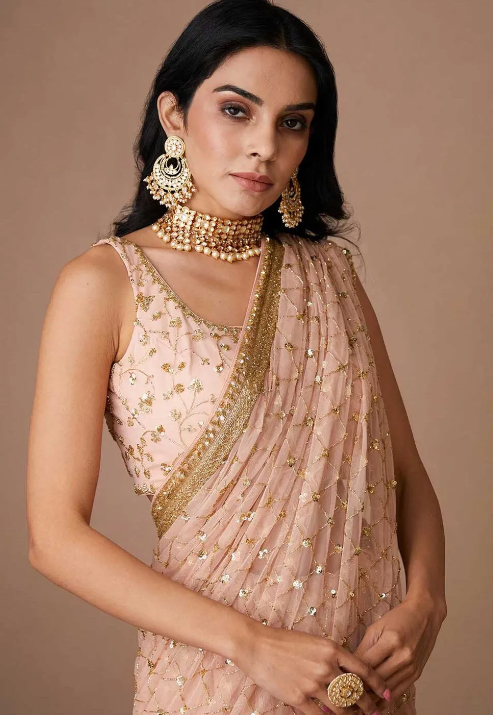 Hand Embroidered Net Saree in Light Pink