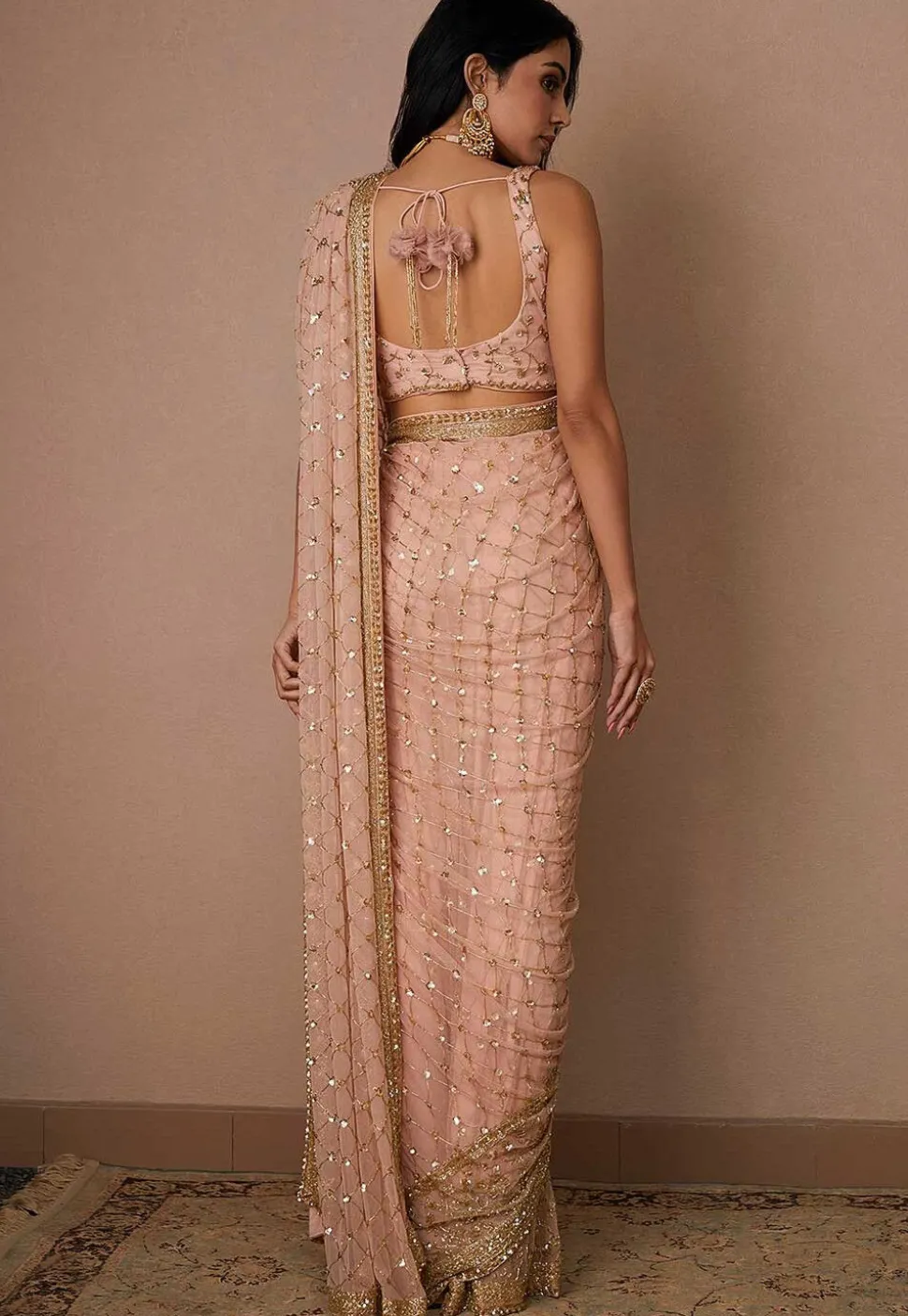 Hand Embroidered Net Saree in Light Pink
