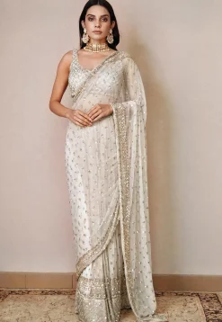 Hand Embroidered Net Saree in Off White