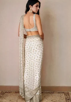 Hand Embroidered Net Saree in Off White