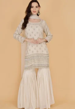 Hand Embroidered Organza Pakistani Suit in Light Beige