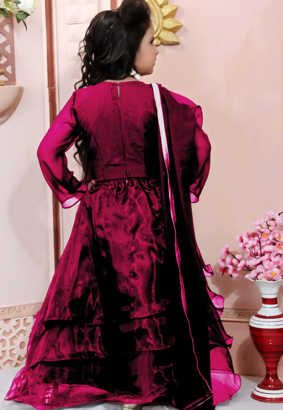 Hand Embroidered Organza Lehenga in Maroon