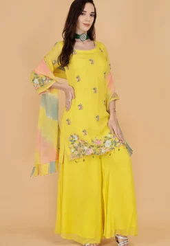 Hand Embroidered Organza Pakistani Suit in Yellow