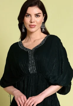 Hand Embroidered Organza Kimono Top Set in Dark Green