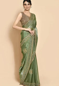 Hand Embroidered Organza Saree in Dusty Green