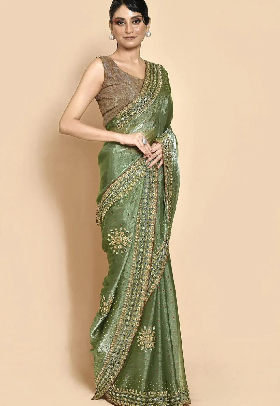 Hand Embroidered Organza Saree in Dusty Green