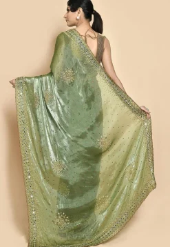 Hand Embroidered Organza Saree in Dusty Green