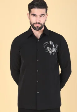 Hand Embroidered Polyester Shirt in Black