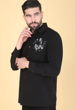 Hand Embroidered Polyester Shirt in Black