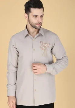 Hand Embroidered Polyester Shirt in Light Fawn