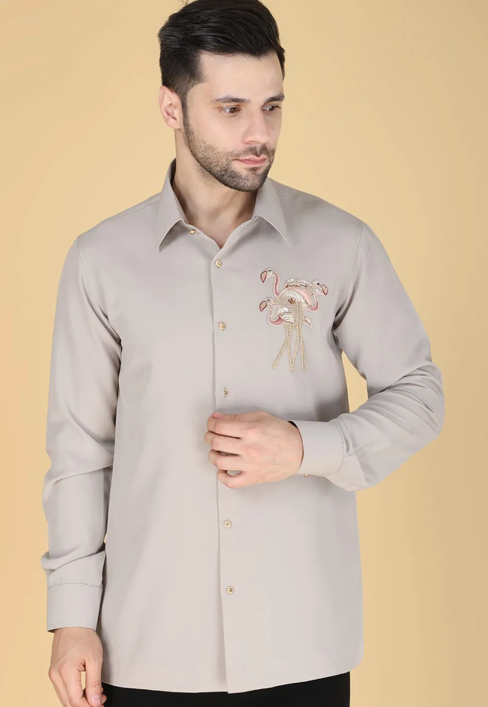 Hand Embroidered Polyester Shirt in Light Fawn