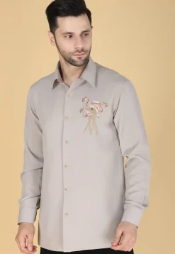 Hand Embroidered Polyester Shirt in Light Fawn