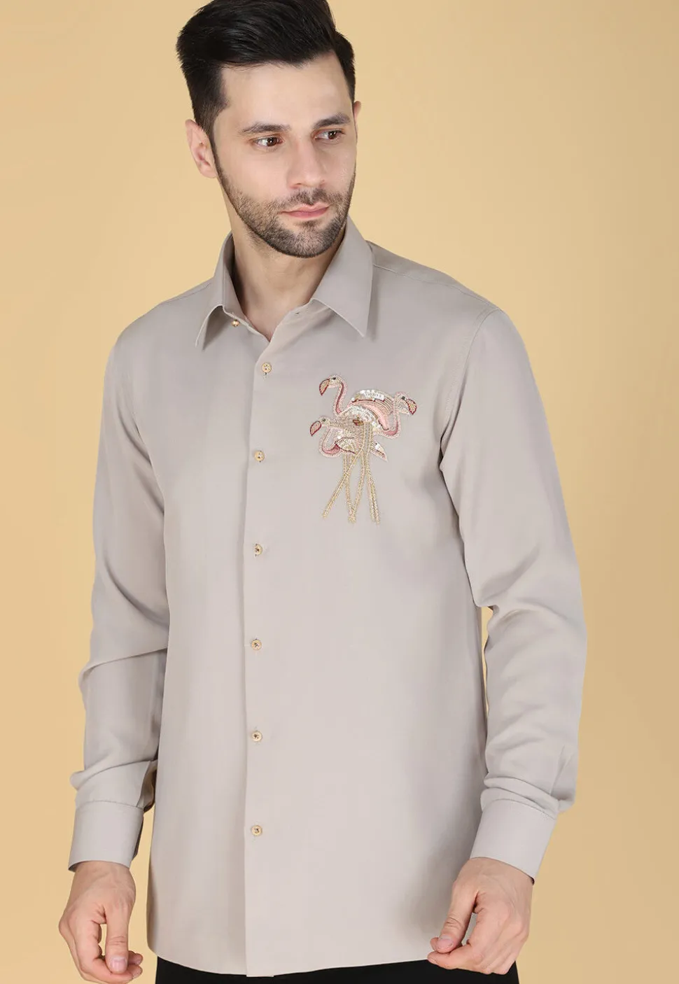 Hand Embroidered Polyester Shirt in Light Fawn