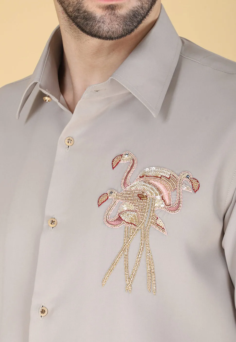 Hand Embroidered Polyester Shirt in Light Fawn