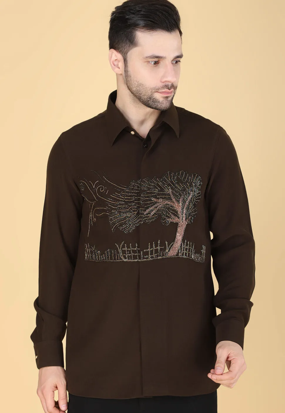 Hand Embroidered Polyester Shirt in Dark Brown