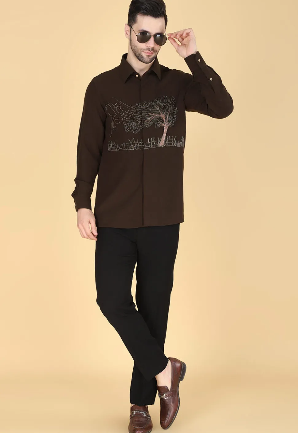 Hand Embroidered Polyester Shirt in Dark Brown