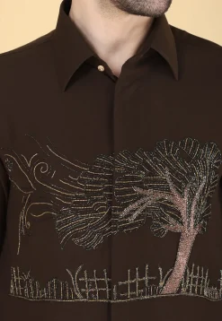 Hand Embroidered Polyester Shirt in Dark Brown