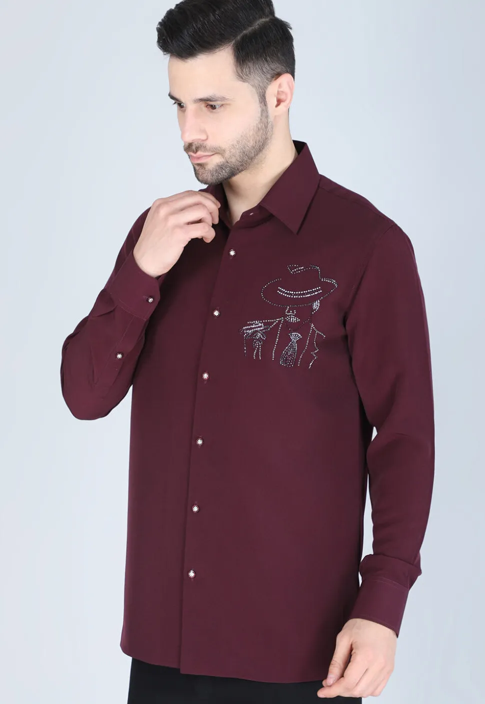 Hand Embroidered Polyester Shirt in Wine