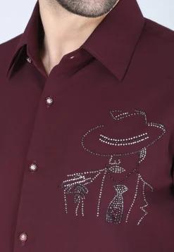 Hand Embroidered Polyester Shirt in Wine