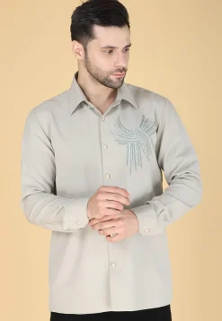Hand Embroidered Polyester Shirt in Light Fawn