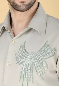 Hand Embroidered Polyester Shirt in Light Fawn