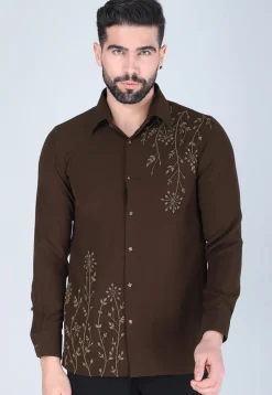 Hand Embroidered Polyester Shirt in Dark Brown