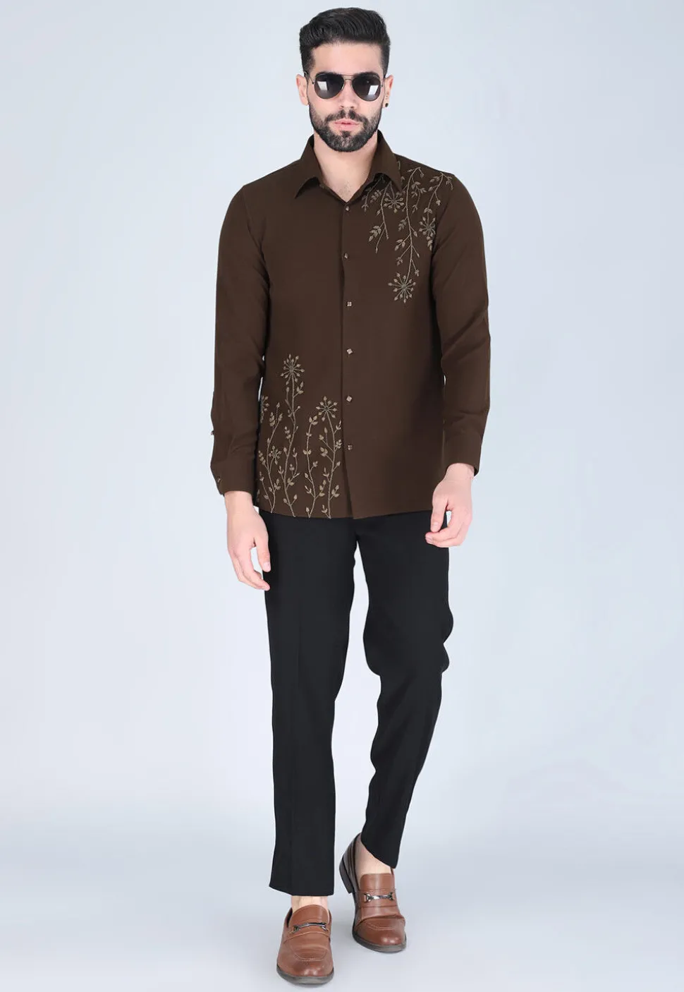 Hand Embroidered Polyester Shirt in Dark Brown