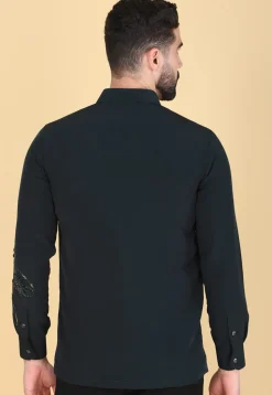 Hand Embroidered Polyester Shirt in Dark Green