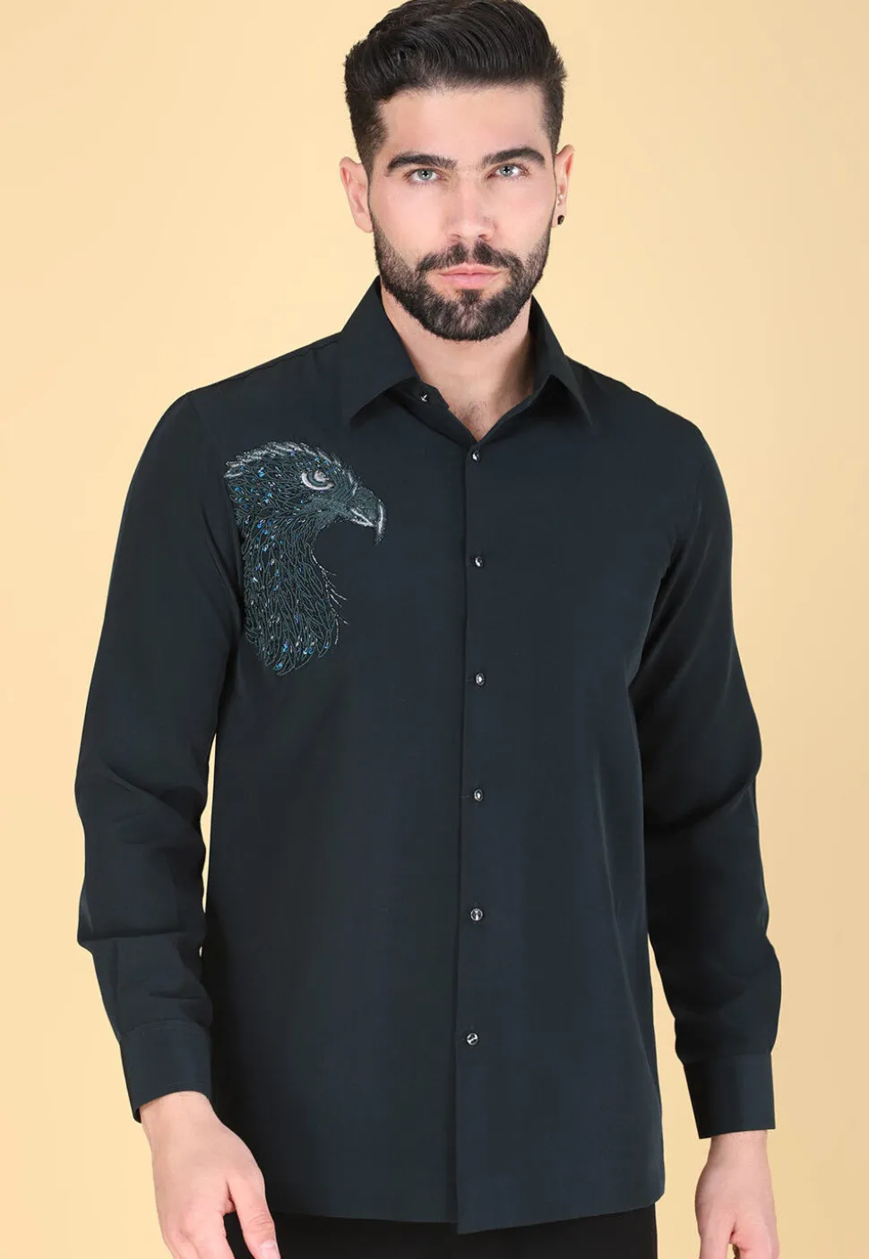 Hand Embroidered Polyester Shirt in Dark Teal Green