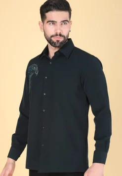 Hand Embroidered Polyester Shirt in Dark Teal Green
