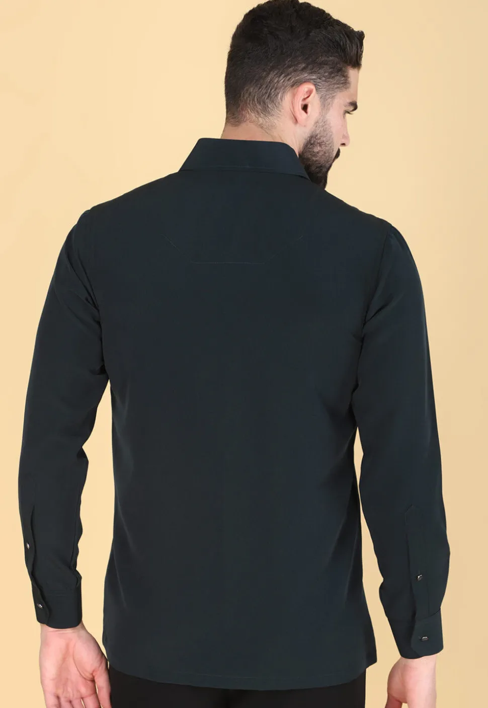 Hand Embroidered Polyester Shirt in Dark Teal Green