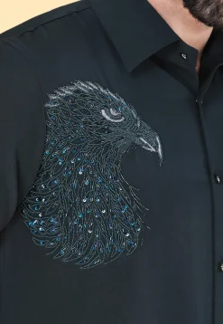 Hand Embroidered Polyester Shirt in Dark Teal Green