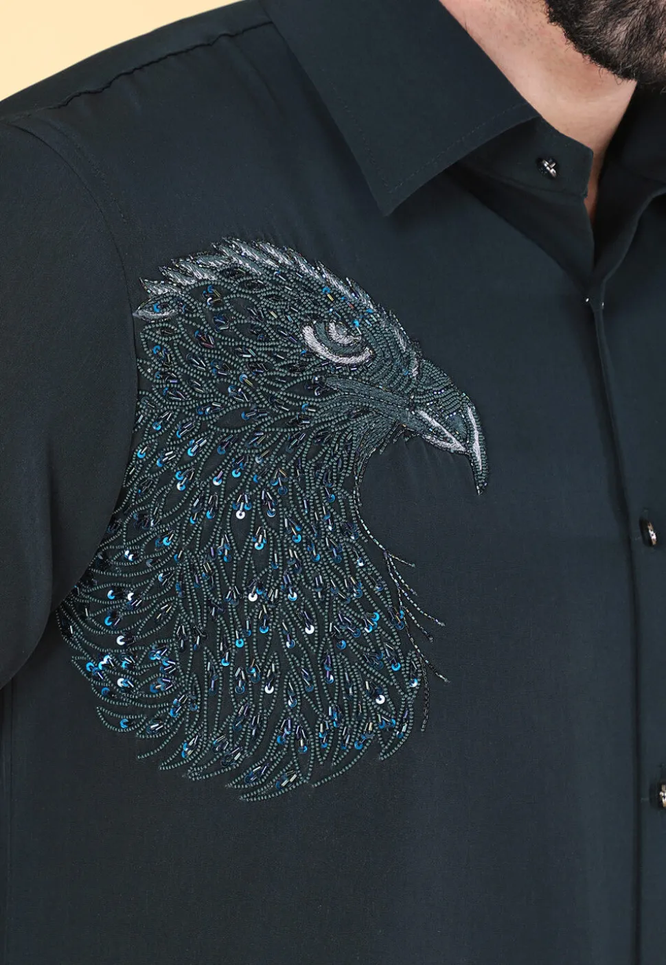 Hand Embroidered Polyester Shirt in Dark Teal Green