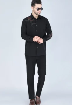 Hand Embroidered Polyester Shirt in Black
