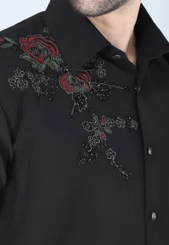 Hand Embroidered Polyester Shirt in Black