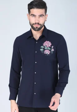 Hand Embroidered Polyester Shirt in Navy Blue