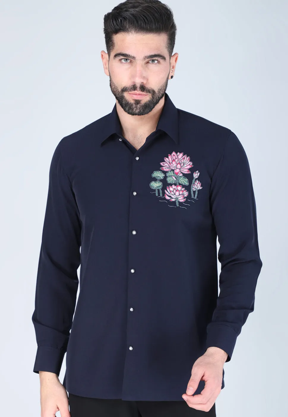 Hand Embroidered Polyester Shirt in Navy Blue