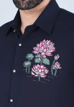 Hand Embroidered Polyester Shirt in Navy Blue