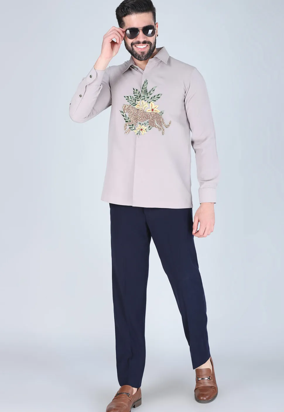 Hand Embroidered Polyester Shirt in Light Purple