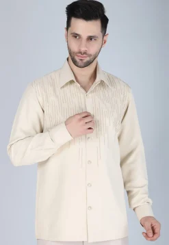 Hand Embroidered Polyester Shirt in Light Beige