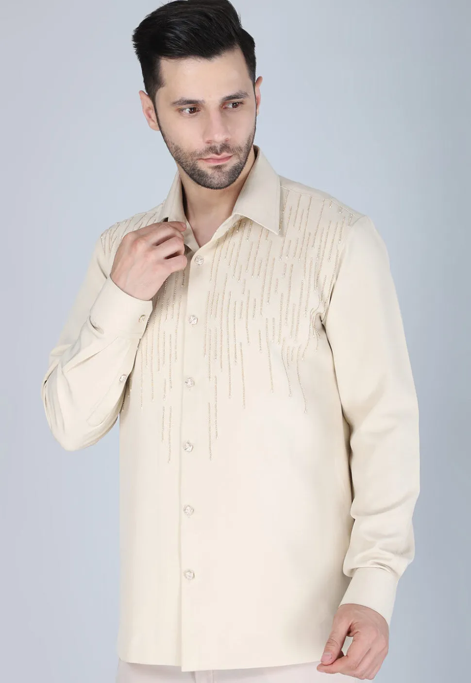 Hand Embroidered Polyester Shirt in Light Beige