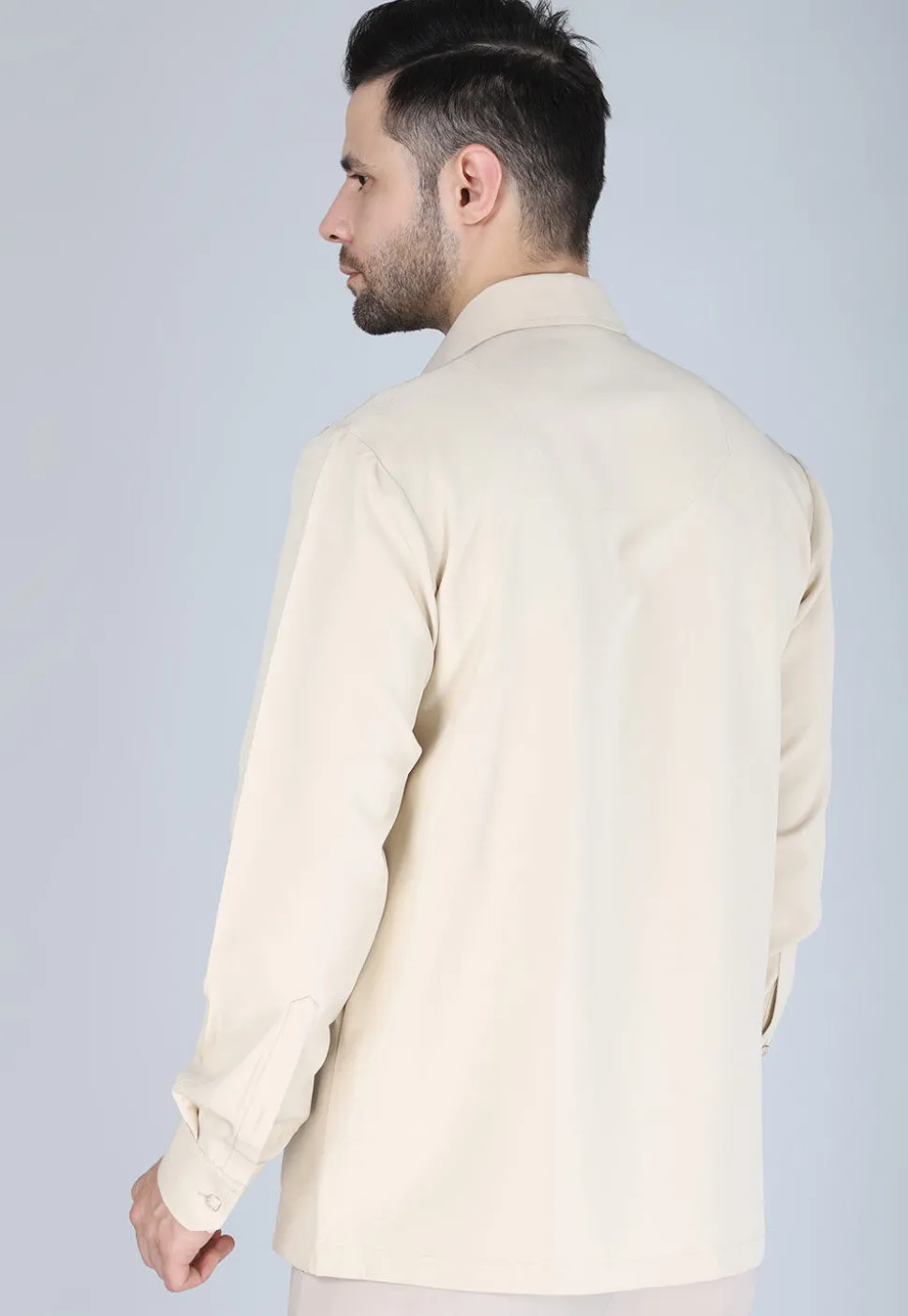 Hand Embroidered Polyester Shirt in Light Beige