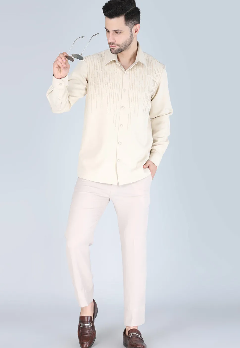 Hand Embroidered Polyester Shirt in Light Beige