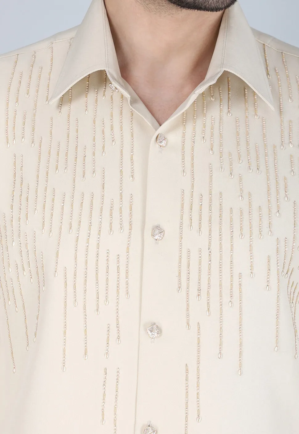 Hand Embroidered Polyester Shirt in Light Beige