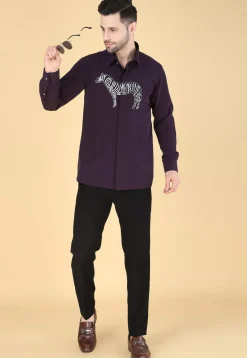 Hand Embroidered Polyester Shirt in Violet