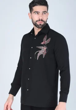 Hand Embroidered Polyester Shirt in Black