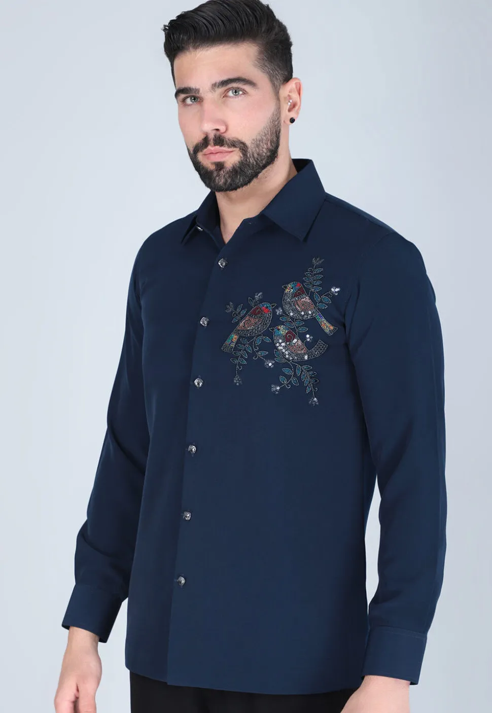 Hand Embroidered Polyester Shirt in Navy Blue
