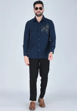 Hand Embroidered Polyester Shirt in Navy Blue