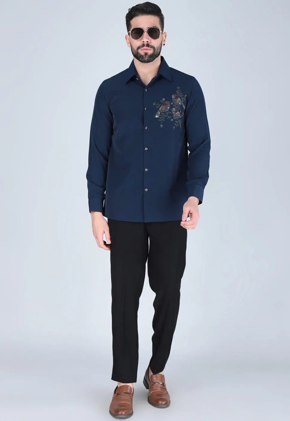 Hand Embroidered Polyester Shirt in Navy Blue