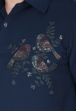 Hand Embroidered Polyester Shirt in Navy Blue